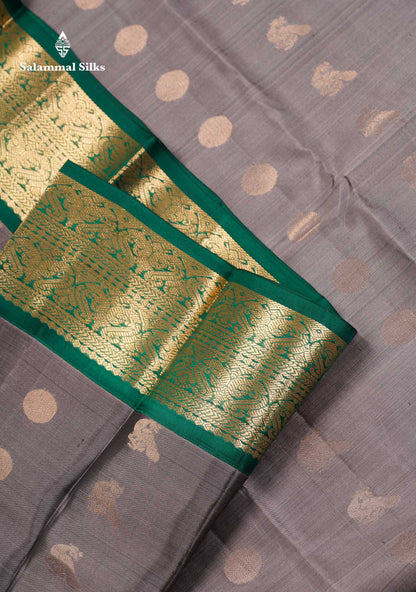 Beautiful Grey Pure Kanjivaram Silk Saree With Contrast Bottle Green Traditional Border