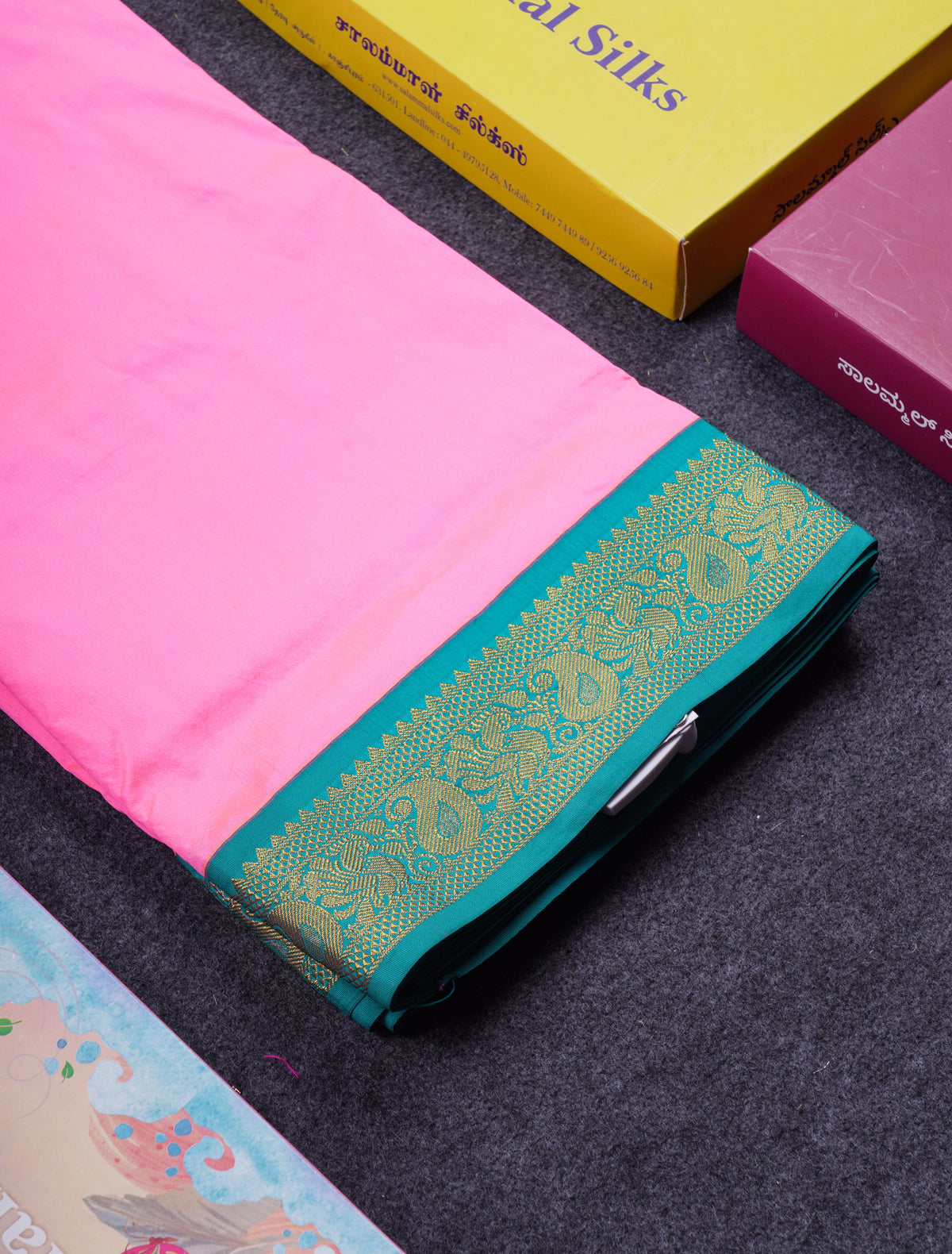 11 Yards Plain Semi Silk Saree Pink with Contrast Peacock Green Traditional Border
