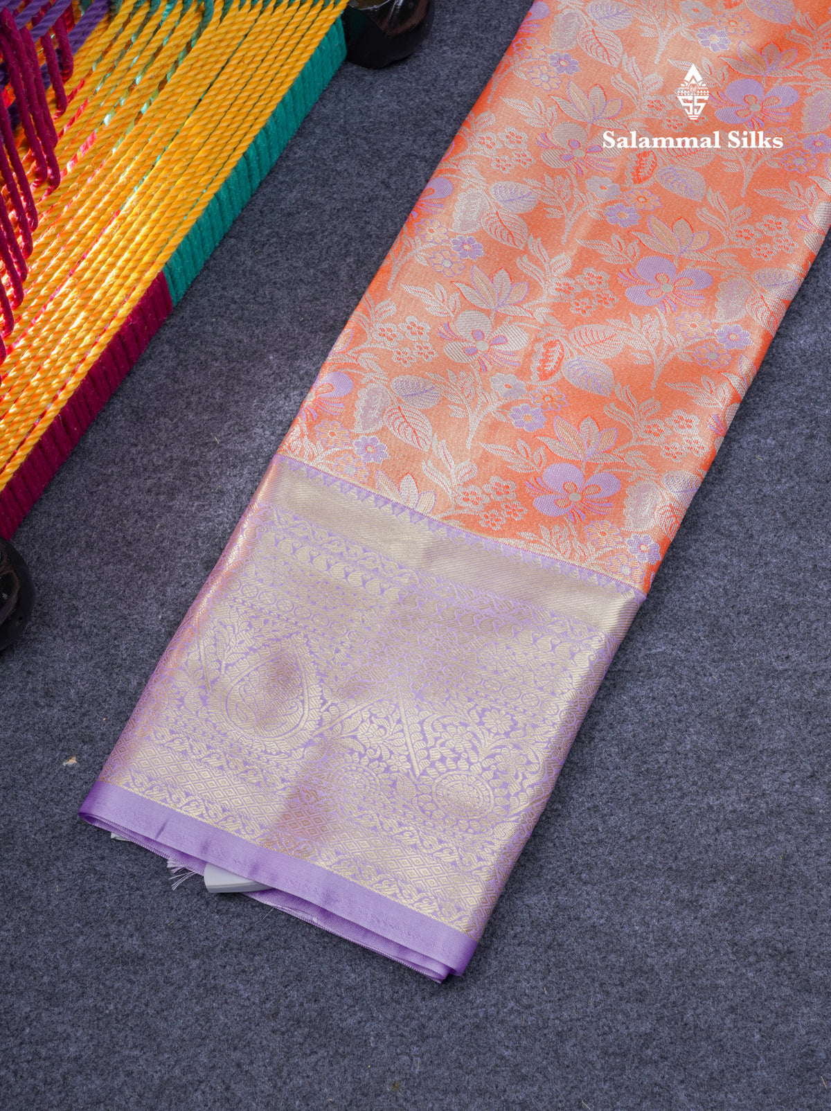 Semi Silk Pattu Pavadai Tissue ( Orange ) With Contrast Light Lavender Blouse 36"