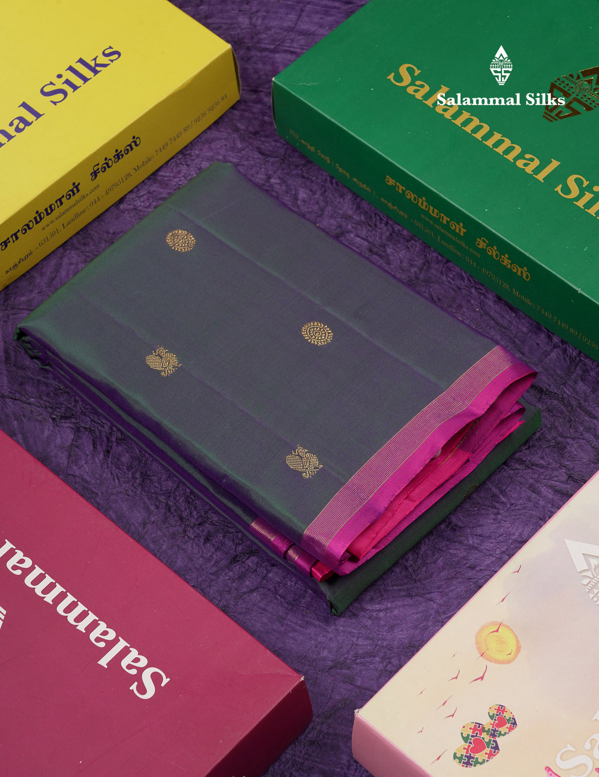 Beautiful Dual Tone Peacock Green Peacock & Chakaram Butta Pure Kanjivaram Silk Saree With Contrast Magenta Pink Blouse