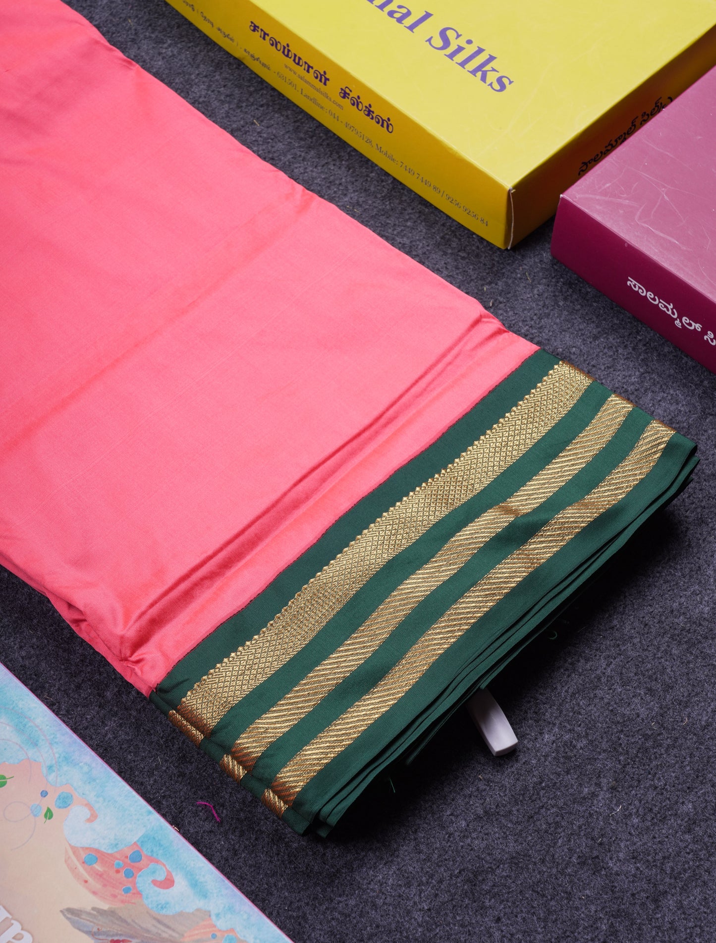 9.5 Yards Semi Silk Saree Peacock Green With Contrast Pink Traditional Border