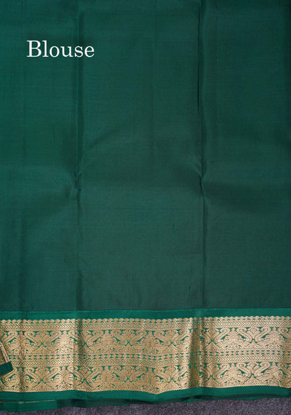 Beautiful Grey Pure Kanjivaram Silk Saree With Contrast Bottle Green Traditional Border