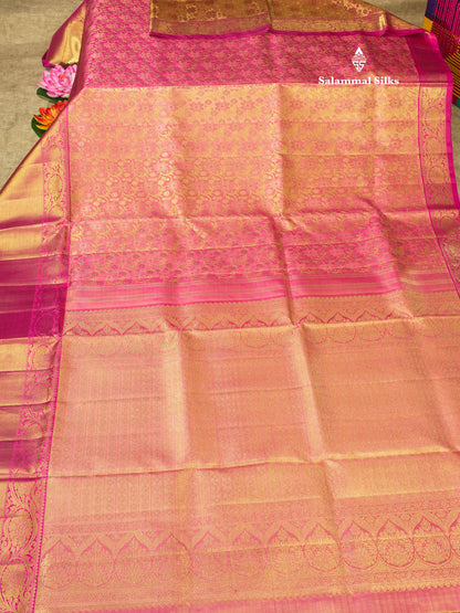 Beautiful Pink Tissue Pure Kanjivaram Silk Saree 3G Zari with Contrast Magenta Evening Morning Border