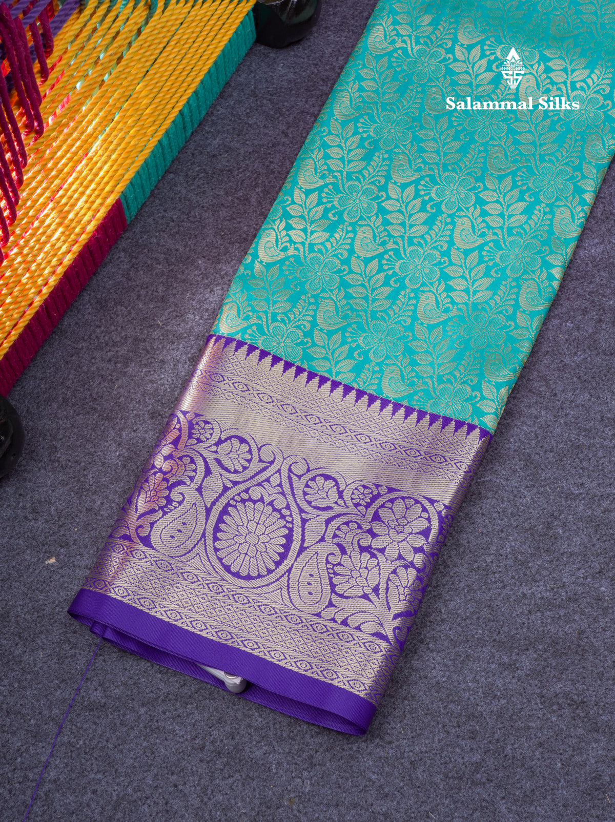 Semi Silk Pattu Pavadai ( Sapphire Green ) With Contrast Violet Blouse 35.5"