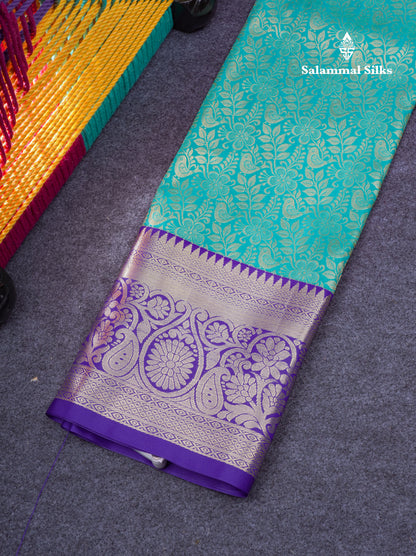 Semi Silk Pattu Pavadai ( Sapphire Green ) With Contrast Violet Blouse 35.5"