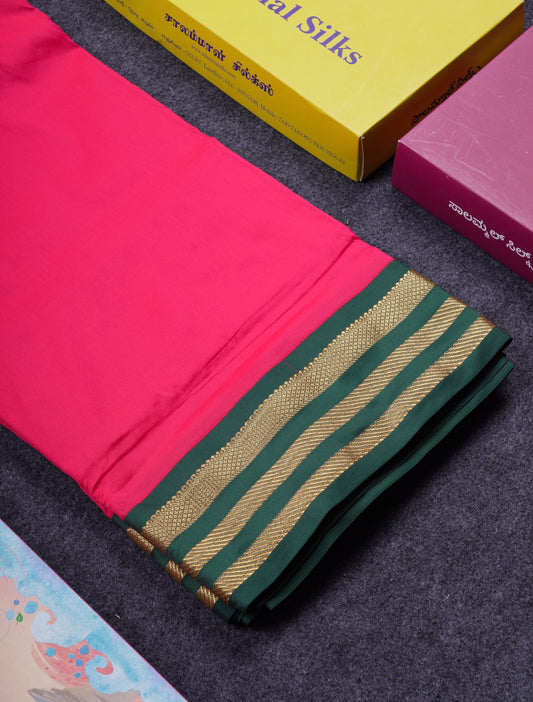 9.5 Yards Semi Silk Saree Chilly Red with Contrast Bottle Green Traditional Border