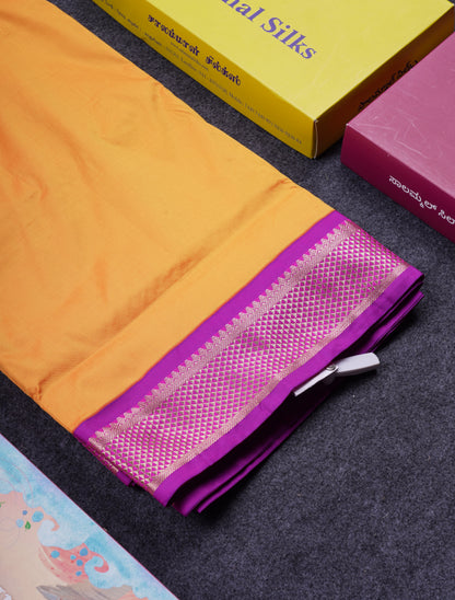 11 Yards Plain Semi Silk Saree Mango Yellow with Contrast Purple Border