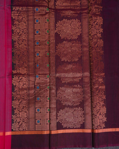 Beautiful Dual Tone Violet Butta With Menakari Work SICO Cotton Saree With Contrast Pink Fancy Border