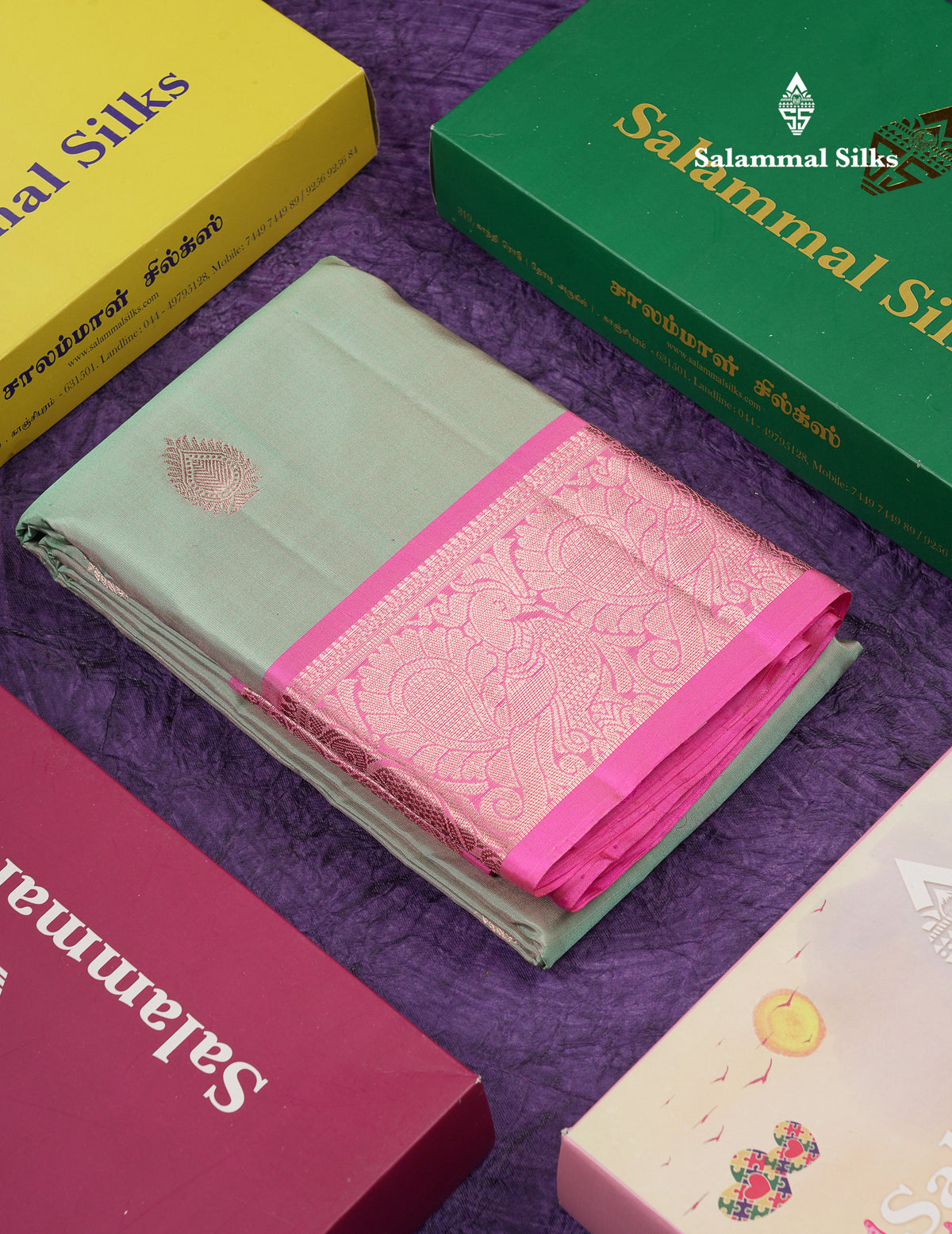 Beautiful Dual Tone Elaichi Green Pure Kanjivaram Silk Saree With Contrast Light Pink Traditional Border