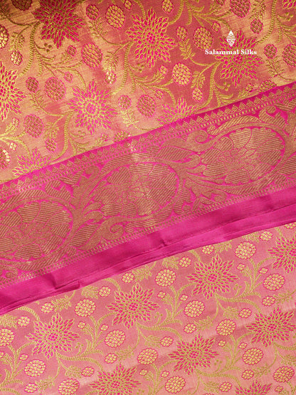 Beautiful Pink Tissue Pure Kanjivaram Silk Saree 3G Zari with Contrast Magenta Evening Morning Border