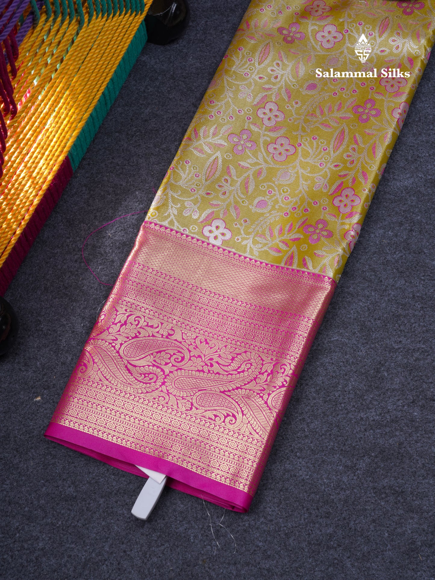 Semi Silk Pattu Pavadai Tissue ( Olive Mustard Yellow ) With Contrast Pink Blouse 37"