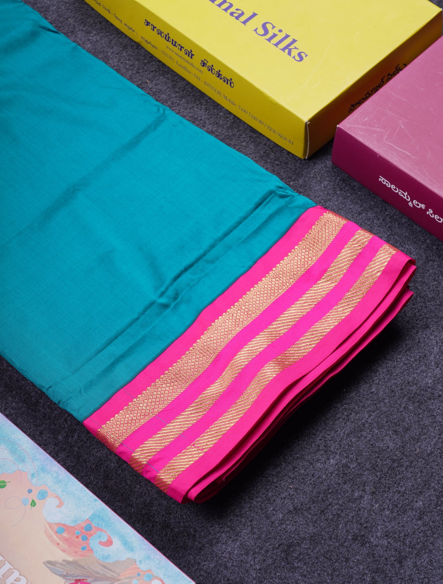 9.5 Yards Semi Silk Saree Peacock Green With Contrast Pink Traditional Border