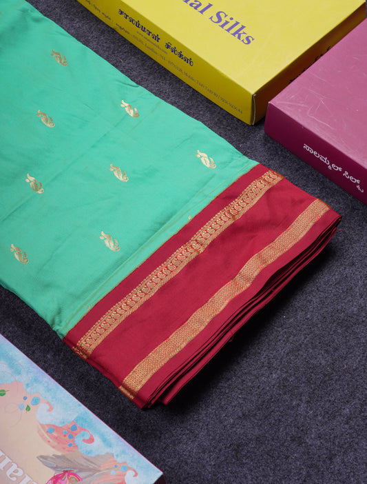 9.5 Yards Semi Silk Saree Rexona Green With Contrast Maroon Traditional Rettapet Border