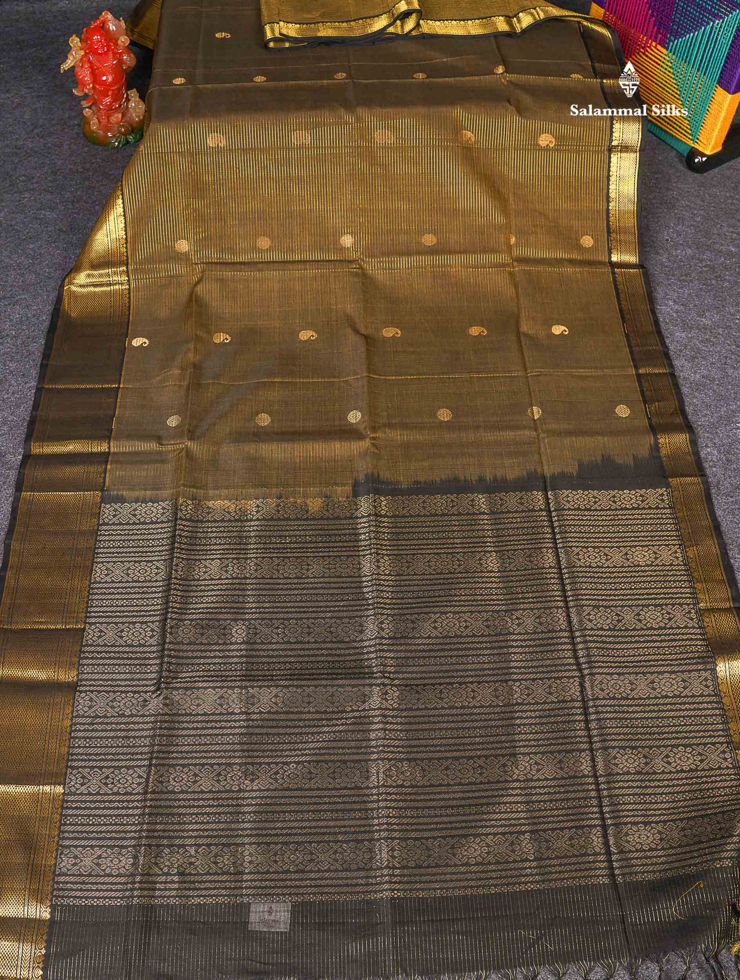 Pure Silk Cotton Saree - Dark Olive Green Colour Body Zari Lines With Butta & Black Border