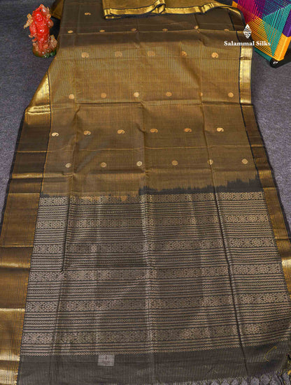 Pure Silk Cotton Saree - Dark Olive Green Colour Body Zari Lines With Butta & Black Border