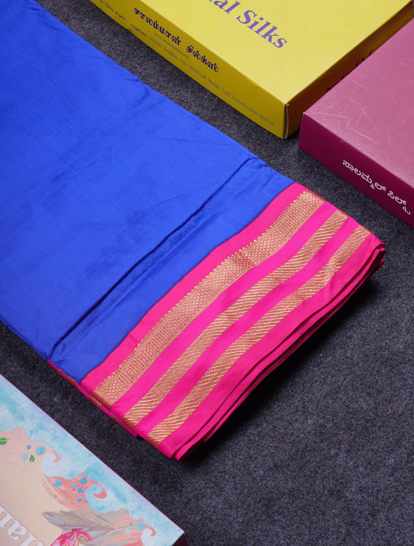 9.5 Yards Semi Silk Saree Peacock Green With Contrast Pink Traditional Border