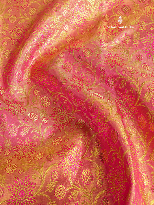 Beautiful Pink Tissue Pure Zari Kanjivaram Silk Saree with Evening Morning Border