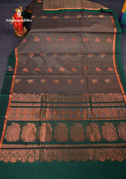 Beautiful Elephant Grey Zari Butta Menakari Work SICO Cotton Saree With Contrast Bottle Green Border