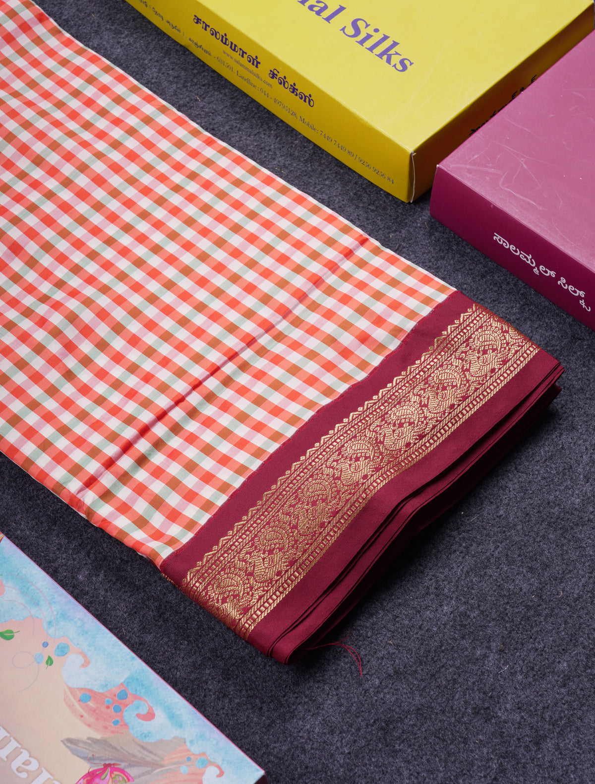 9.5 Yards Semi Silk Saree Red & White Checks With Contrast Maroon Traditional Border