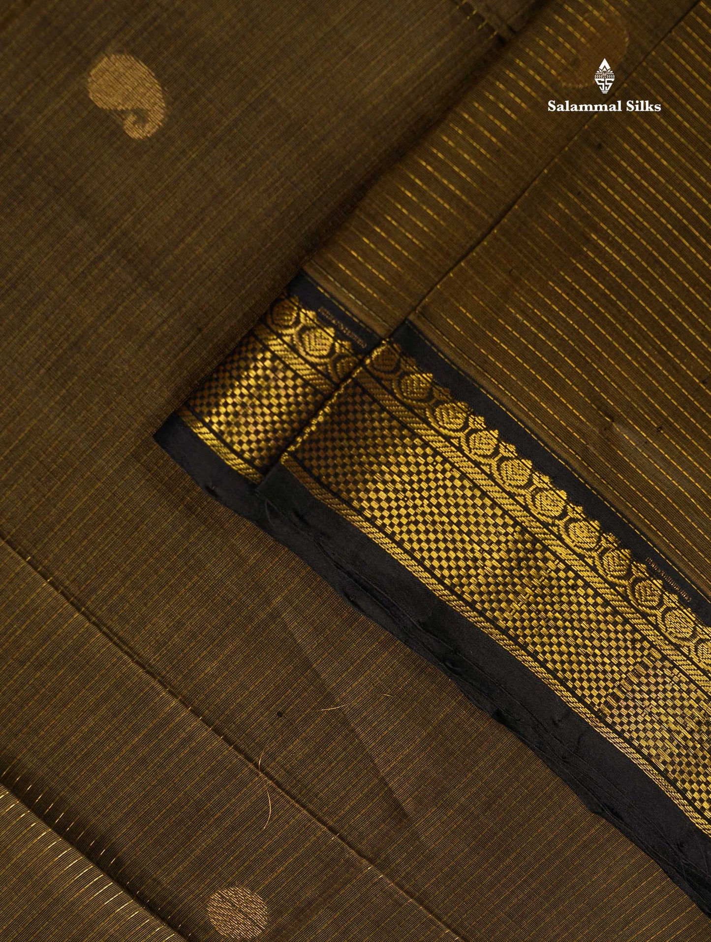 Pure Silk Cotton Saree - Dark Olive Green Colour Body Zari Lines With Butta & Black Border