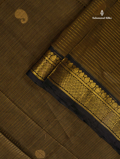 Pure Silk Cotton Saree - Dark Olive Green Colour Body Zari Lines With Butta & Black Border