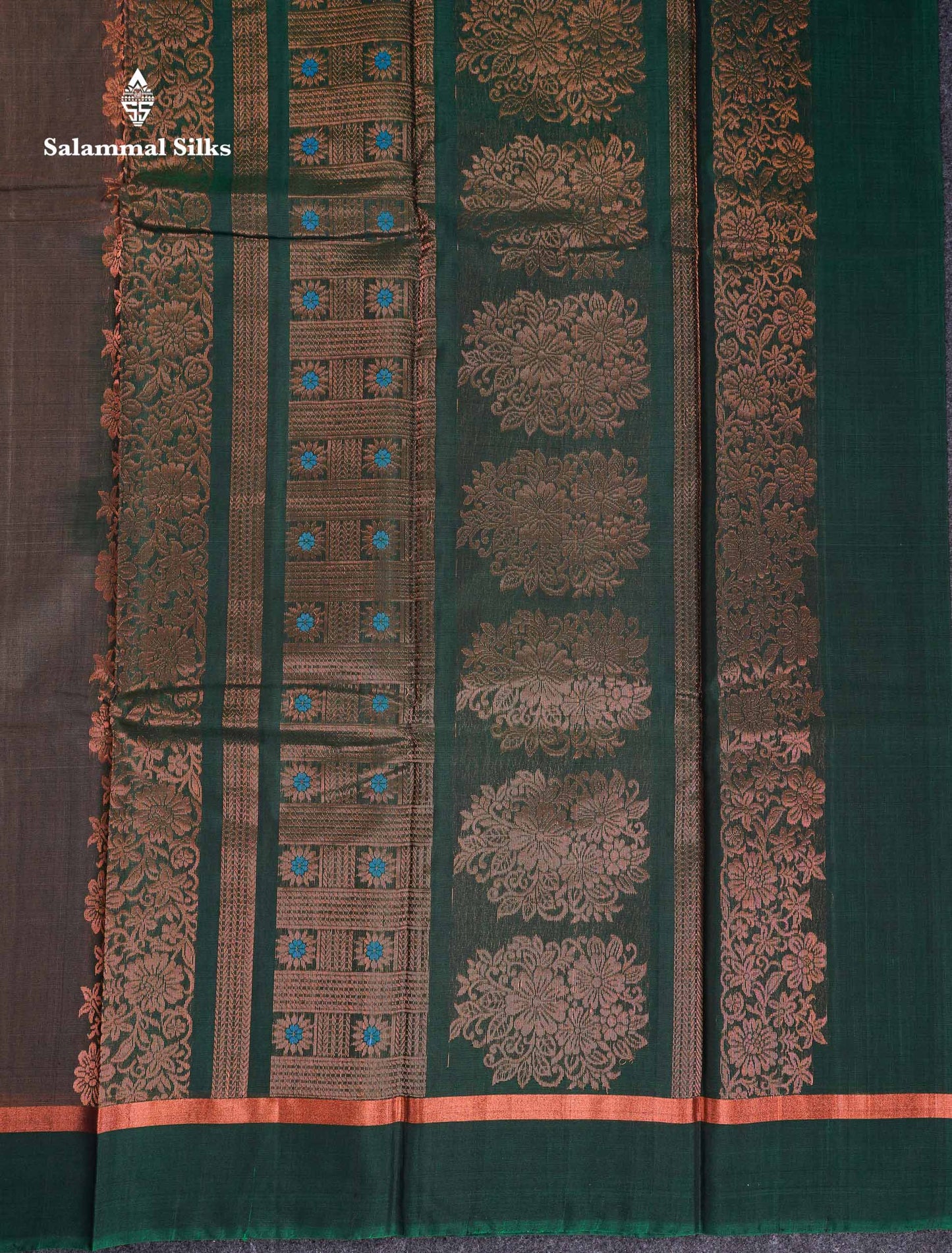 Beautiful Elephant Grey Zari Butta Menakari Work SICO Cotton Saree With Contrast Bottle Green Border