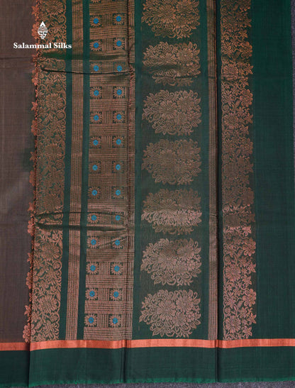 Beautiful Elephant Grey Zari Butta Menakari Work SICO Cotton Saree With Contrast Bottle Green Border