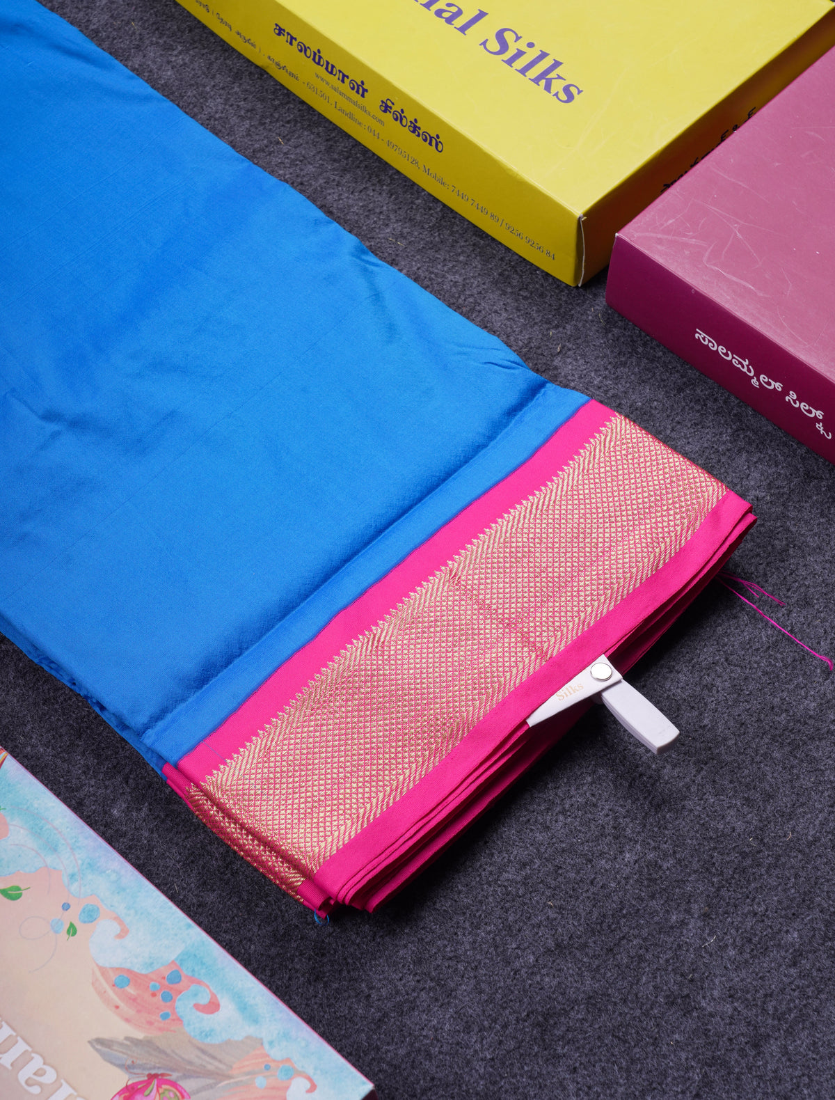 9.5 Yards Semi Silk Saree Royal Blue With Contrast Pink Traditional Border