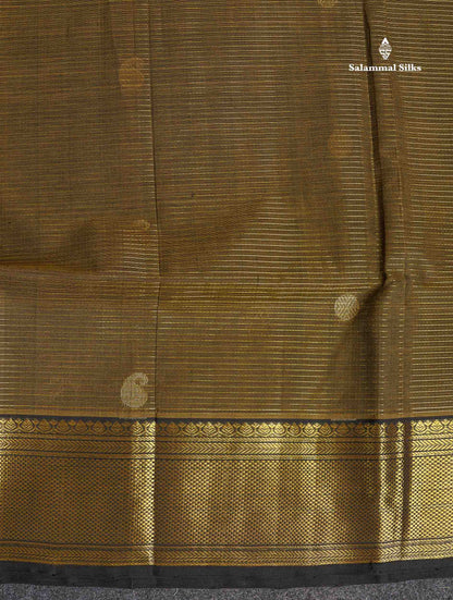 Pure Silk Cotton Saree - Dark Olive Green Colour Body Zari Lines With Butta & Black Border