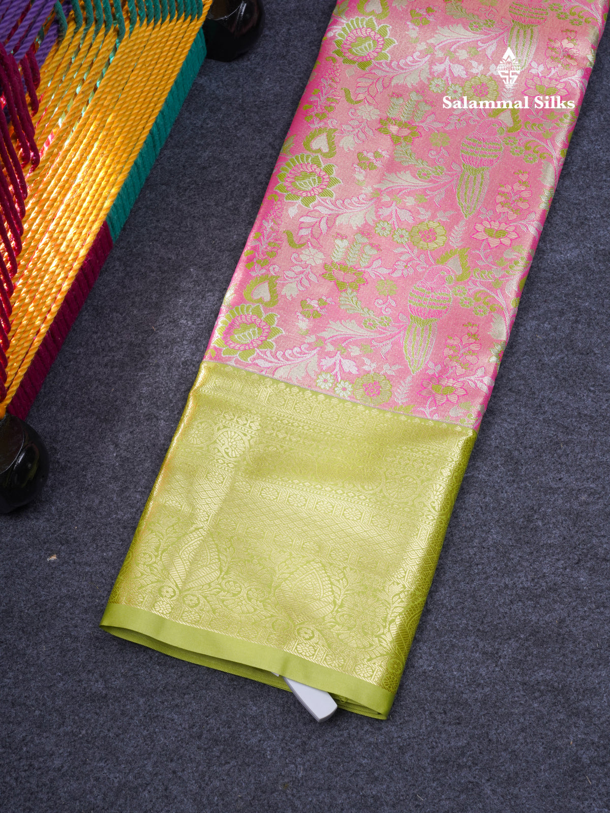 Semi Silk Pattu Pavadai Tissue ( Light Pink ) With Contrast Parrot Green Blouse 36"
