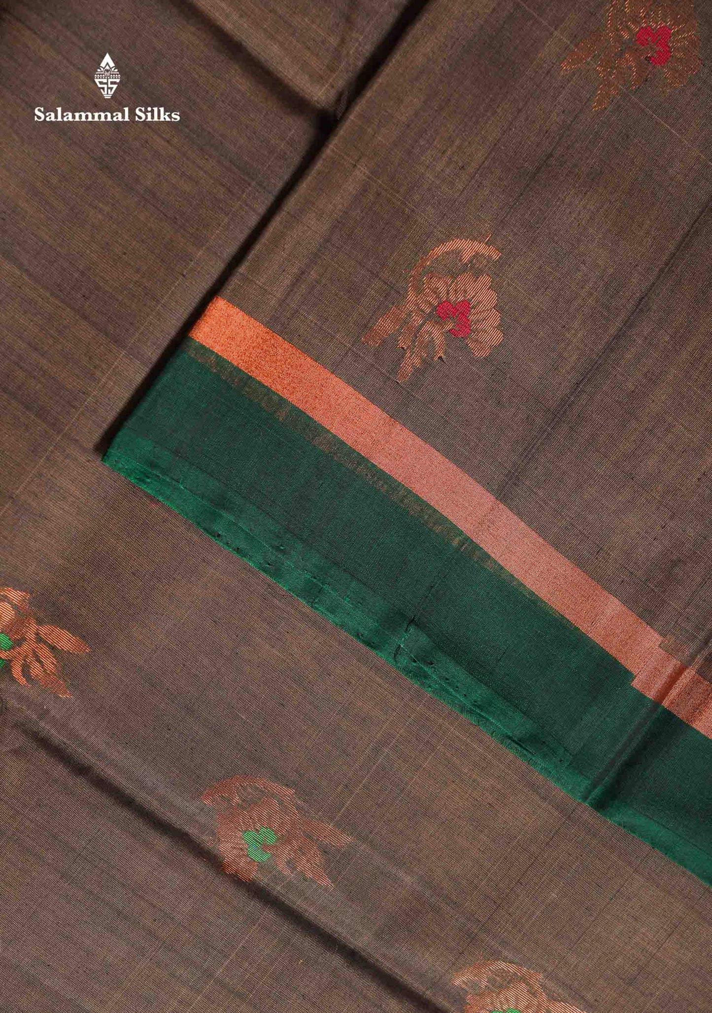 Beautiful Elephant Grey Zari Butta Menakari Work SICO Cotton Saree With Contrast Bottle Green Border