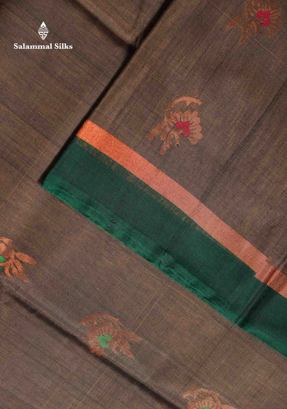 Beautiful Elephant Grey Zari Butta Menakari Work SICO Cotton Saree With Contrast Bottle Green Border