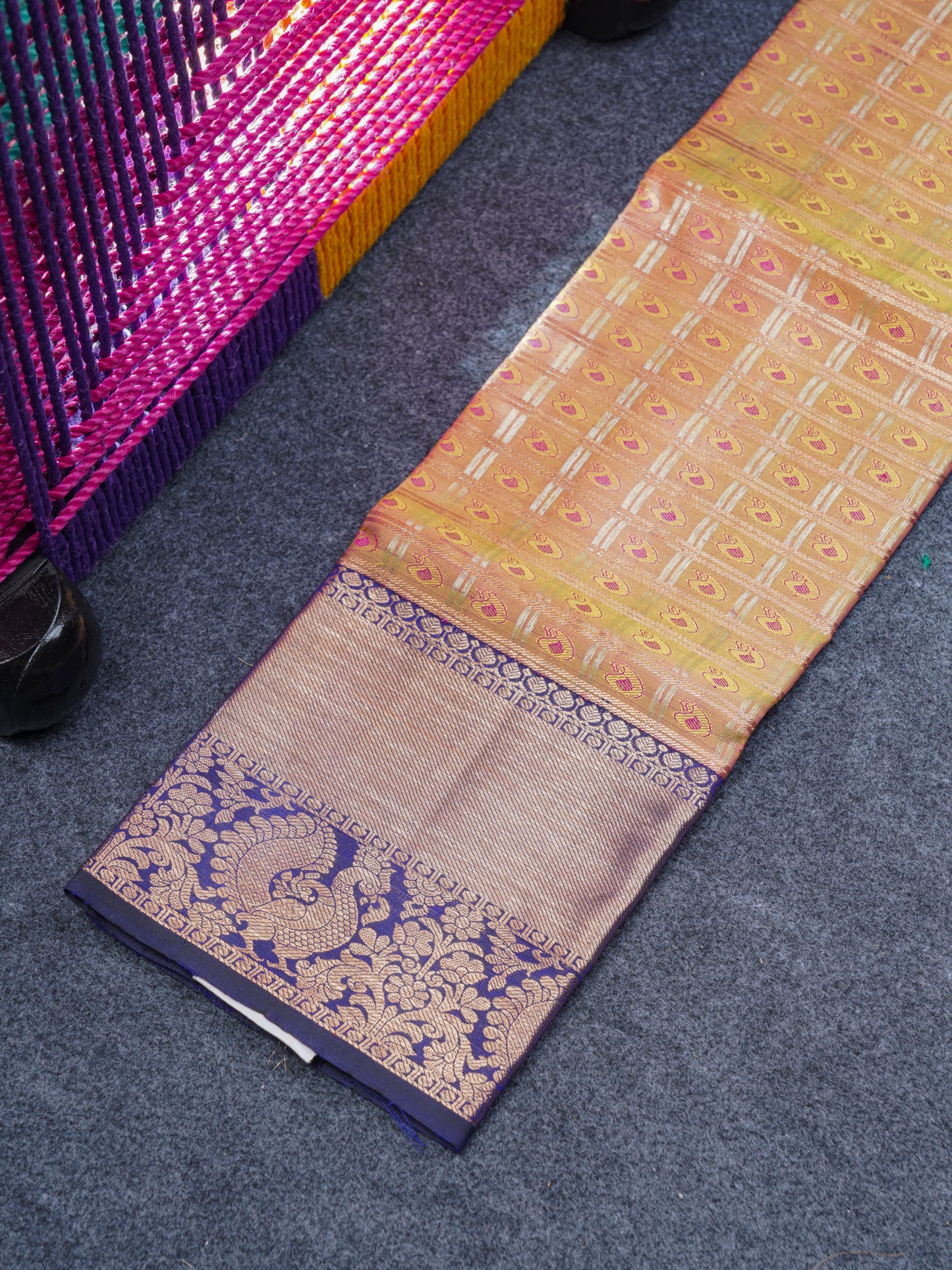 Pure Silk Pattu Pavadai (Gold Colour) With Navy Blue Blouse 27"