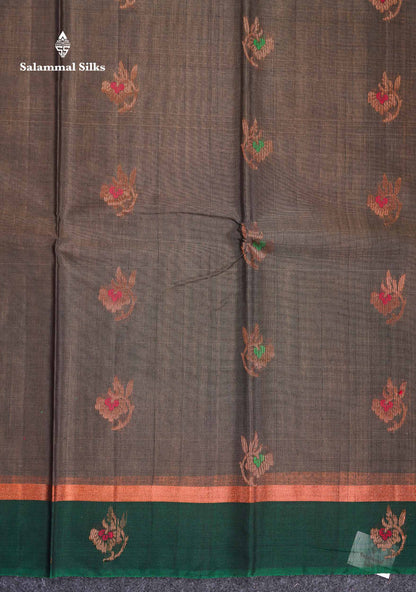 Beautiful Elephant Grey Zari Butta Menakari Work SICO Cotton Saree With Contrast Bottle Green Border