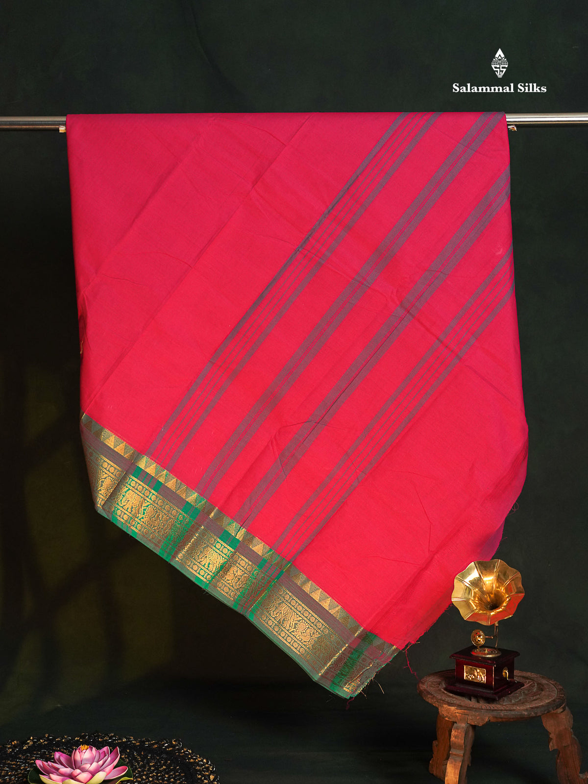 Chettinad Pure Cotton Saree - Dark Pink Colour Body Plain With Sapphire Green Border 