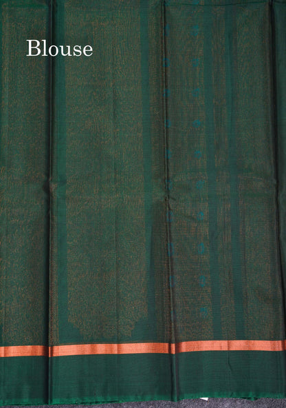 Beautiful Elephant Grey Zari Butta Menakari Work SICO Cotton Saree With Contrast Bottle Green Border
