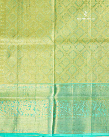 Rexona Green Tissue Bridal Pure Kanjivaram Silk Saree With Contrast Sky Blue Border