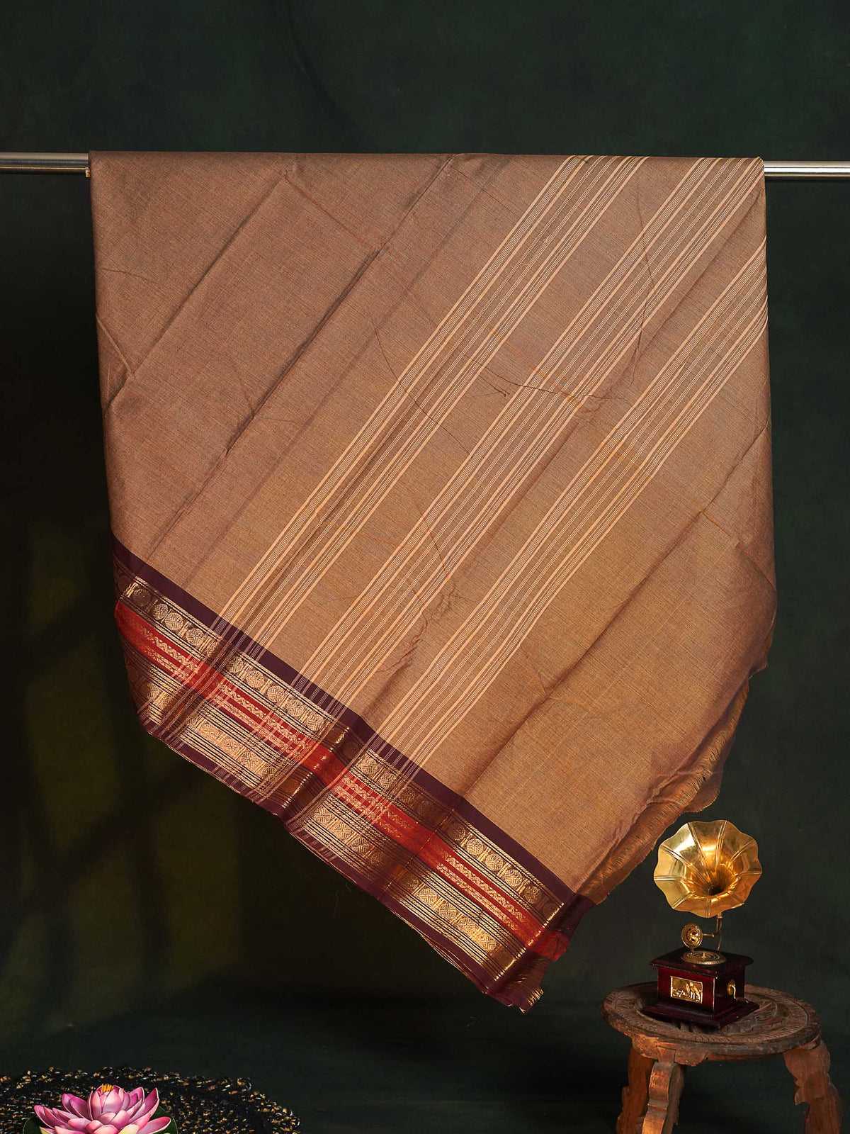 Chettinad Pure Cotton Saree - Caramel Brown Colour Body Plain With Magenta Border 