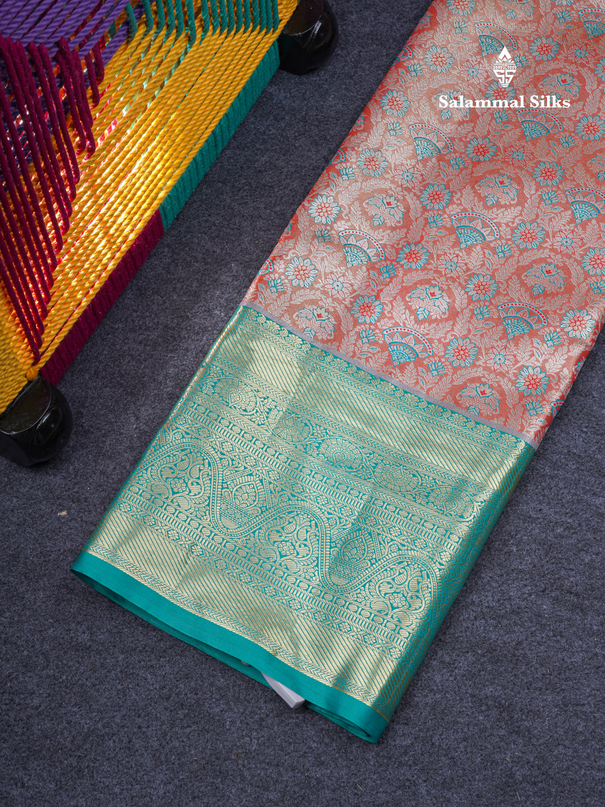 Semi Silk Pattu Pavadai Tissue (Orange) With Contrast Sapphire Green Blouse 47"