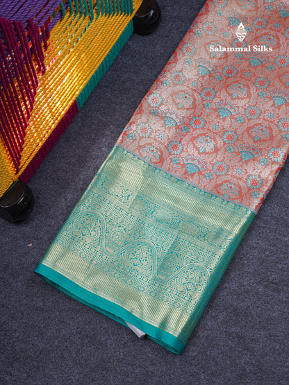 Semi Silk Pattu Pavadai Tissue (Orange) With Contrast Sapphire Green Blouse 47"