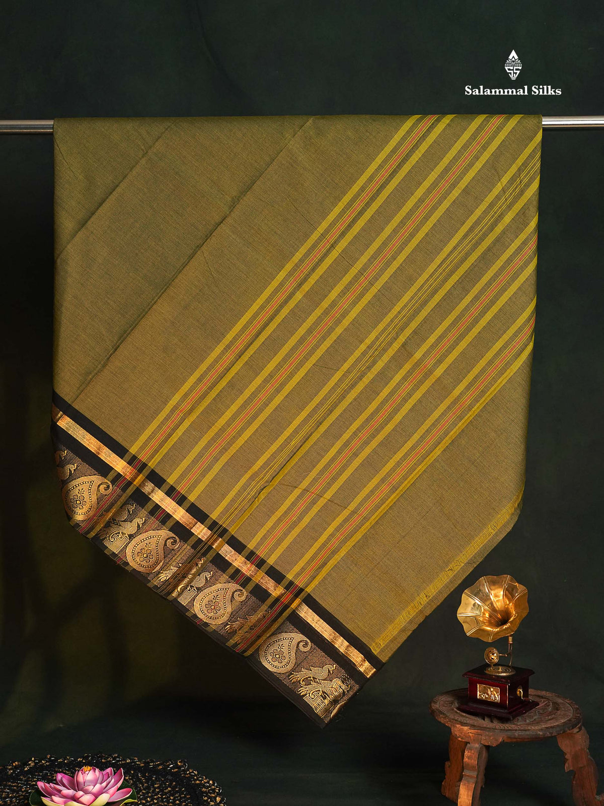 Chettinad Pure Cotton Saree - Olive Green Colour Body Plain With Black Border
