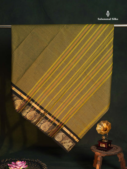 Chettinad Pure Cotton Saree - Olive Green Colour Body Plain With Black Border
