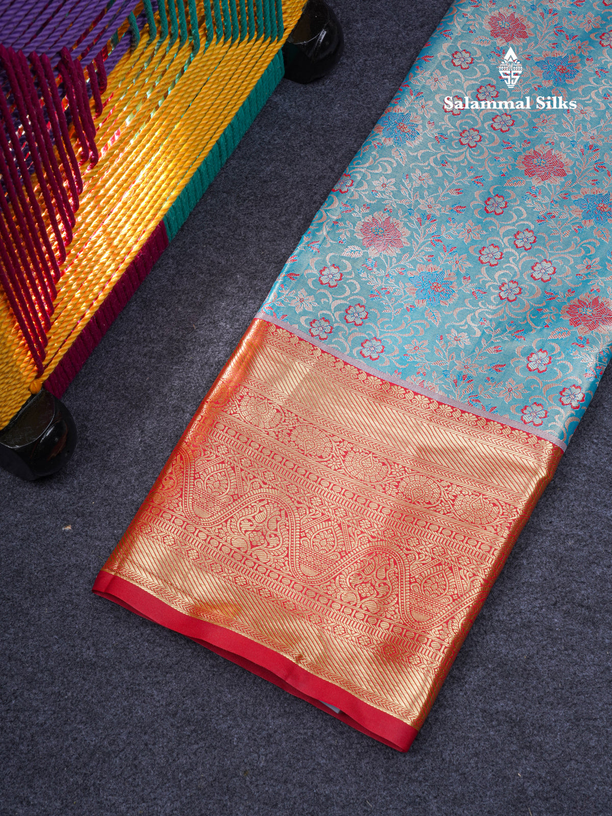 Semi Silk Pattu Pavadai Tissue ( Pastel Blue ) With Contrast Chilly Red Blouse 47"