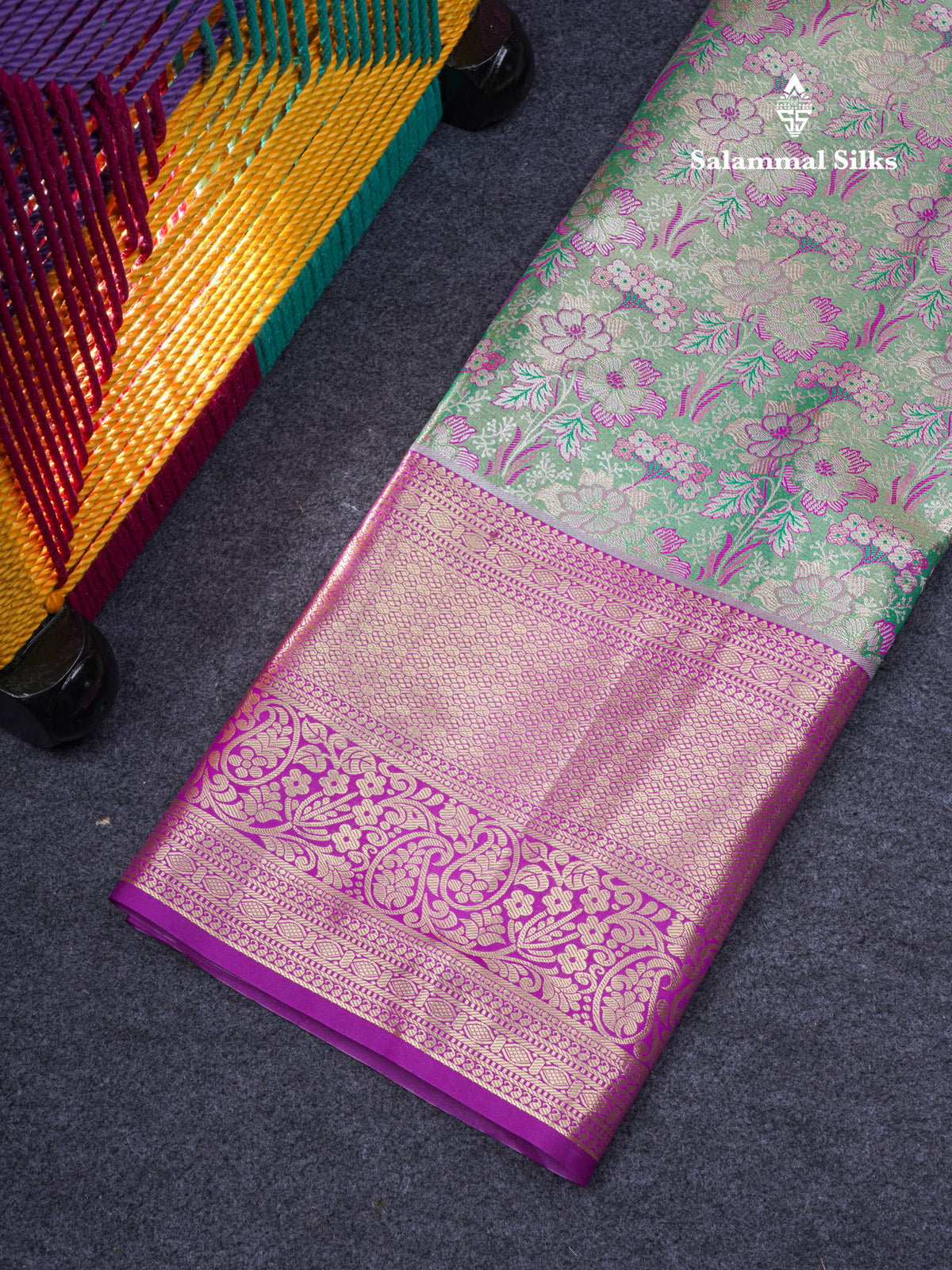 Semi Silk Pattu Pavadai Tissue ( Light Green ) With Contrast Purple Blouse 46.5"