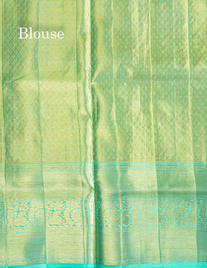 Rexona Green Tissue Bridal Pure Kanjivaram Silk Saree With Contrast Sky Blue Border