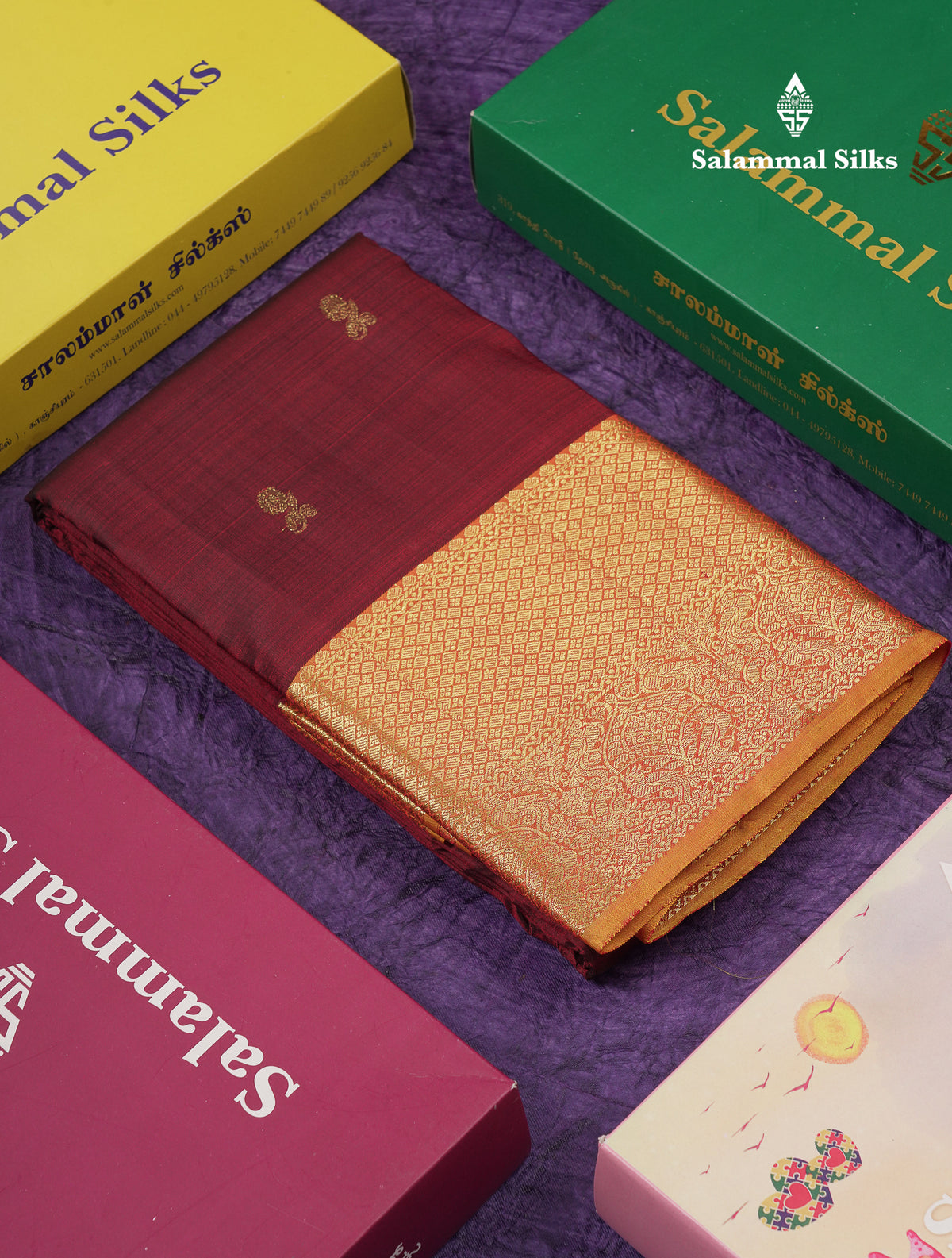 Beautiful Dark Maroon Pure Kanjivaram Silk Saree With Contrast Mustard Yellow Traditional Evening Morning Border
