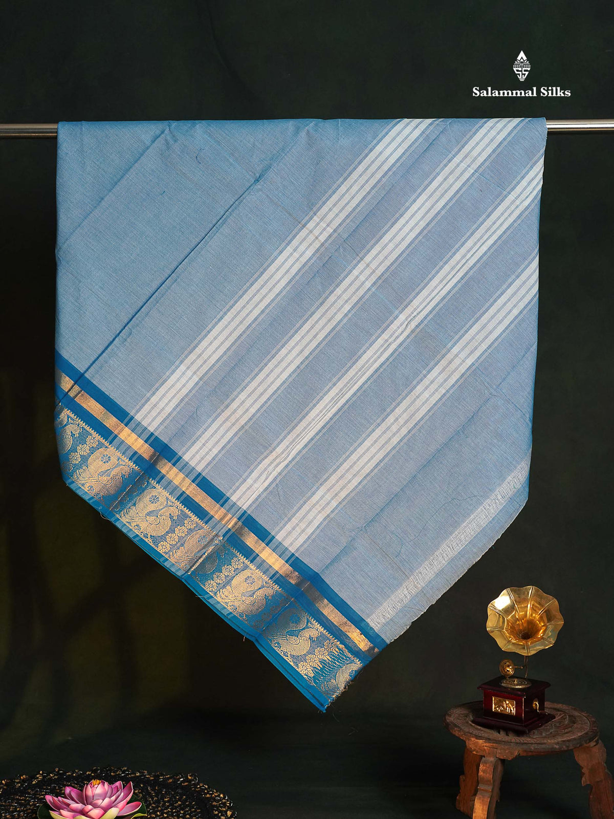Chettinad Pure Cotton Saree - Light Blue Colour Body Plain With Teal Blue Border 