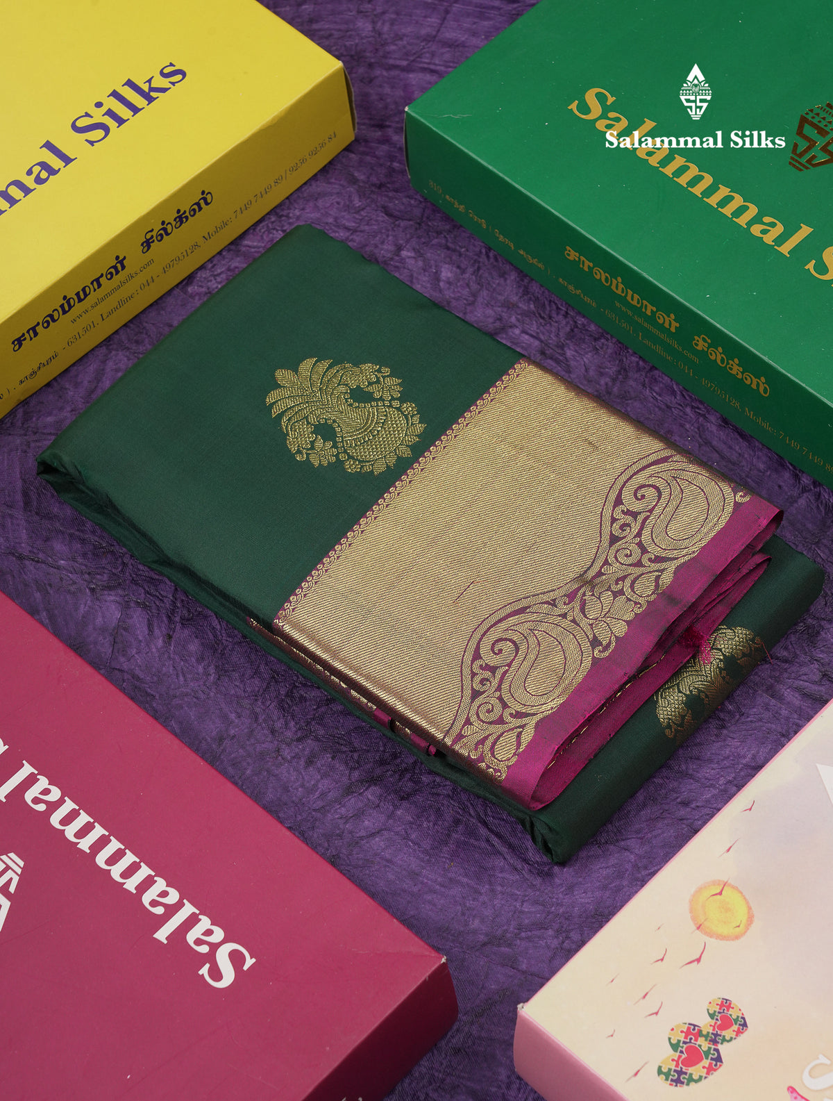 Beautiful Bottle Green Pure Kanjivaram Silk Saree With Contrast Magenta Pink Traditional Evening Morning Border