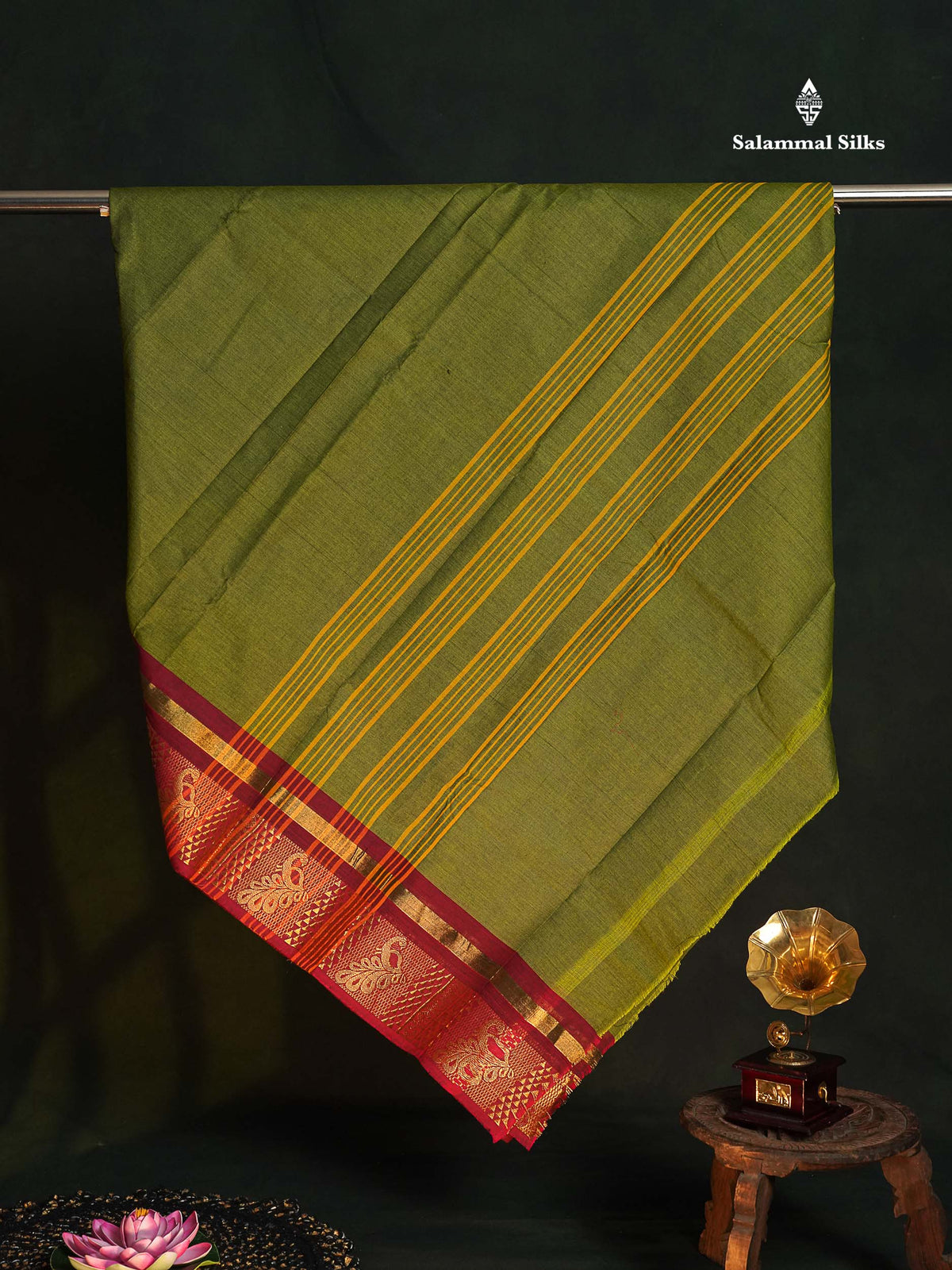 Chettinad Pure Cotton Saree - Olive Green Colour Body Plain With Magenta Border