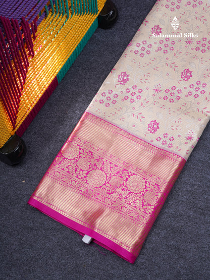 Semi Silk Pattu Pavadai Tissue ( Beige ) With Contrast Pink Blouse 46.5"